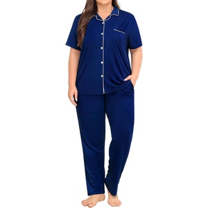 image:imageSWOMOG Womens Plus Size Pajama Set Short Sleeve Sleepwear Top and Pants Button Up Pajamas for Women LoungewearNavy Blue