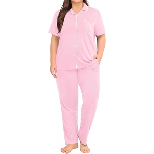 image:imageSWOMOG Womens Plus Size Pajama Set Short Sleeve Sleepwear Top and Pants Button Up Pajamas for Women LoungewearPink