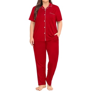 image:imageSWOMOG Womens Plus Size Pajama Set Short Sleeve Sleepwear Top and Pants Button Up Pajamas for Women LoungewearRed