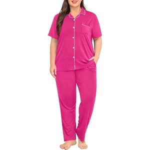 image:imageSWOMOG Womens Plus Size Pajama Set Short Sleeve Sleepwear Top and Pants Button Up Pajamas for Women LoungewearRose Red