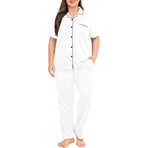 image:imageSWOMOG Womens Plus Size Pajama Set Short Sleeve Sleepwear Top and Pants Button Up Pajamas for Women LoungewearWhite