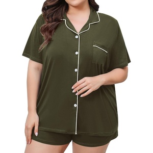 image:imageSWOMOG Womens Plus Size Pajamas Set Button Down Tops Short Sleeve Sleepwear Soft Pajama Shorts 2 Pcs Lounge Sets With PocketArmy Green