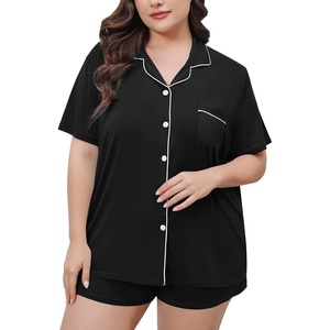 image:imageSWOMOG Womens Plus Size Pajamas Set Button Down Tops Short Sleeve Sleepwear Soft Pajama Shorts 2 Pcs Lounge Sets With PocketBlack