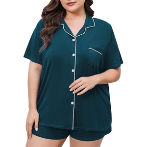 image:imageSWOMOG Womens Plus Size Pajamas Set Button Down Tops Short Sleeve Sleepwear Soft Pajama Shorts 2 Pcs Lounge Sets With PocketBlue Green