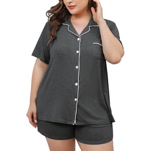 image:imageSWOMOG Womens Plus Size Pajamas Set Button Down Tops Short Sleeve Sleepwear Soft Pajama Shorts 2 Pcs Lounge Sets With PocketDark Gary