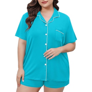 image:imageSWOMOG Womens Plus Size Pajamas Set Button Down Tops Short Sleeve Sleepwear Soft Pajama Shorts 2 Pcs Lounge Sets With PocketPeacock Blue