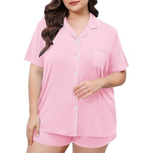 image:imageSWOMOG Womens Plus Size Pajamas Set Button Down Tops Short Sleeve Sleepwear Soft Pajama Shorts 2 Pcs Lounge Sets With PocketPink