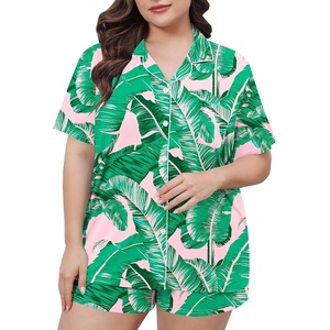 image:imageSWOMOG Womens Plus Size Pajamas Set Button Down Tops Short Sleeve Sleepwear Soft Pajama Shorts 2 Pcs Lounge Sets With PocketPink Leaves