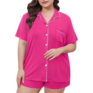 image:imageSWOMOG Womens Plus Size Pajamas Set Button Down Tops Short Sleeve Sleepwear Soft Pajama Shorts 2 Pcs Lounge Sets With PocketRose Red