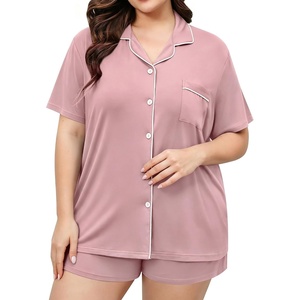 image:imageSWOMOG Womens Plus Size Pajamas Set Button Down Tops Short Sleeve Sleepwear Soft Pajama Shorts 2 Pcs Lounge Sets With PocketTaro Purple