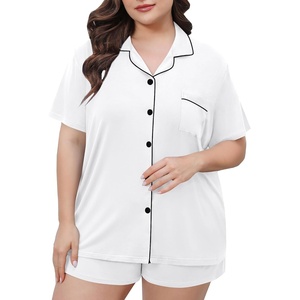 image:imageSWOMOG Womens Plus Size Pajamas Set Button Down Tops Short Sleeve Sleepwear Soft Pajama Shorts 2 Pcs Lounge Sets With PocketWhite