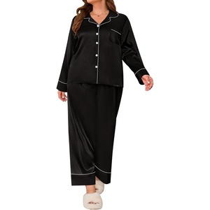 image:imageSWOMOG Womens Plus Size Pajamas Set Silk Satin Button Down Sleepwear Long Sleeve Pjs Set 2 Piece Loungewear with PocketsBlack