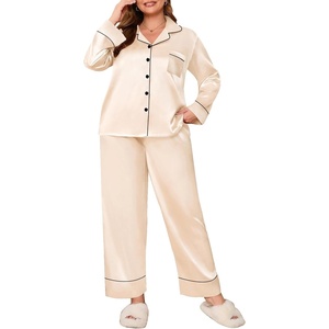image:imageSWOMOG Womens Plus Size Pajamas Set Silk Satin Button Down Sleepwear Long Sleeve Pjs Set 2 Piece Loungewear with PocketsChampagne