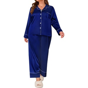 image:imageSWOMOG Womens Plus Size Pajamas Set Silk Satin Button Down Sleepwear Long Sleeve Pjs Set 2 Piece Loungewear with PocketsNavy Blue