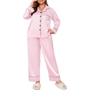 image:imageSWOMOG Womens Plus Size Pajamas Set Silk Satin Button Down Sleepwear Long Sleeve Pjs Set 2 Piece Loungewear with PocketsPink