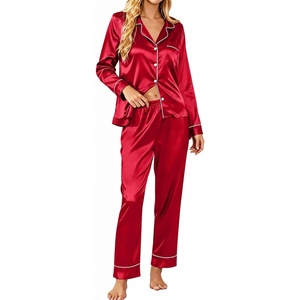 image:imageSWOMOG Womens Satin Pajamas Long Sleeve Sleepwear Silk Soft Button Down Loungewear Pjs Set SXXLA  Reda