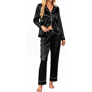 image:imageSWOMOG Womens Satin Pajamas Long Sleeve Sleepwear Silk Soft Button Down Loungewear Pjs Set SXXLBlack