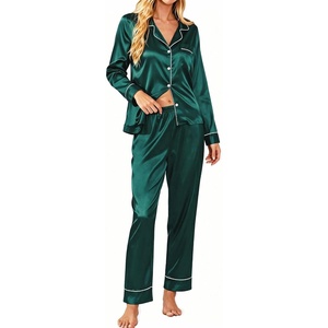 image:imageSWOMOG Womens Satin Pajamas Long Sleeve Sleepwear Silk Soft Button Down Loungewear Pjs Set SXXLDeep Green