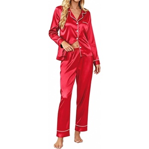 image:imageSWOMOG Womens Satin Pajamas Long Sleeve Sleepwear Silk Soft Button Down Loungewear Pjs Set SXXLRed