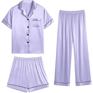 image:imageSWOMOG Womens Silk Satin Pajama Sets 3Pcs Button Down Pj Set Short Sleeve Sleepwear Loungewear Pjs Nightwear XSXXLLavender