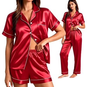 image:imageSWOMOG Womens Silk Satin Pajama Sets 3Pcs Button Down Pj Set Short Sleeve Sleepwear Loungewear Pjs Nightwear XSXXLRed