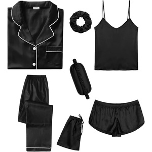 image:imageSWOMOG Womens Silk Satin Pajamas Sets 7pcs Sleepwear Sexy Cami Shorts Set and Button Down Short Sleeve Satin PjsBlack