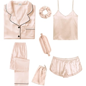 image:imageSWOMOG Womens Silk Satin Pajamas Sets 7pcs Sleepwear Sexy Cami Shorts Set and Button Down Short Sleeve Satin PjsChampagne