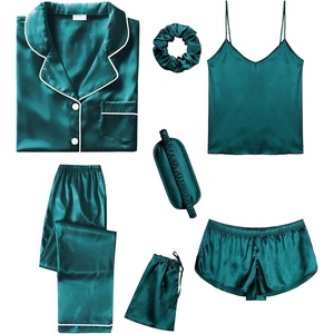 image:imageSWOMOG Womens Silk Satin Pajamas Sets 7pcs Sleepwear Sexy Cami Shorts Set and Button Down Short Sleeve Satin PjsGreen