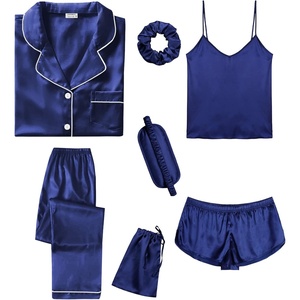 image:imageSWOMOG Womens Silk Satin Pajamas Sets 7pcs Sleepwear Sexy Cami Shorts Set and Button Down Short Sleeve Satin PjsNavy Blue