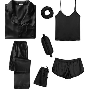 image:imageSWOMOG Womens Silk Satin Pajamas Sets 7pcs Sleepwear Sexy Cami Shorts Set and Button Down Short Sleeve Satin PjsSolid Black