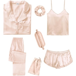 image:imageSWOMOG Womens Silk Satin Pajamas Sets 7pcs Sleepwear Sexy Cami Shorts Set and Button Down Short Sleeve Satin PjsSolid Champagne
