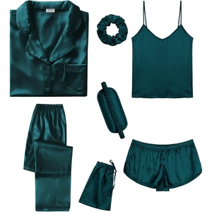 image:imageSWOMOG Womens Silk Satin Pajamas Sets 7pcs Sleepwear Sexy Cami Shorts Set and Button Down Short Sleeve Satin PjsSolid Deep Green