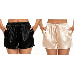 image:imageSWOMOG Womens Silk Stain Pajama Shorts Pj Bottoms with Pockets Drawstring Sleep Shorts Boxer Soft Lounge ShortsBlackChampagne