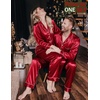 image:imageSWOMOG Couples Matching Silk Satin Pajamas Set Long Sleeve Sleepwear Soft Button Down Loungewear 2 Pcs Pj SetChristmas Red