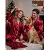 image:imageSWOMOG Couples Matching Silk Satin Pajamas Set Long Sleeve Sleepwear Soft Button Down Loungewear 2 Pcs Pj SetChristmas Red