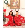 image:imageSWOMOG Couples Matching Silk Satin Pajamas Set Long Sleeve Sleepwear Soft Button Down Loungewear 2 Pcs Pj SetRed Christmas Tree