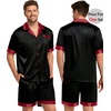 image:imageSWOMOG Couples Pajama Set Women amp Men Silk Satin Short Sleeve Set Top and Shorts Sleepwear Soft ButtonDown LoungewearBlackRed