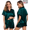 image:imageSWOMOG Couples Pajama Set Women amp Men Silk Satin Short Sleeve Set Top and Shorts Sleepwear Soft ButtonDown LoungewearDeep Green