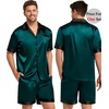 image:imageSWOMOG Couples Pajama Set Women amp Men Silk Satin Short Sleeve Set Top and Shorts Sleepwear Soft ButtonDown LoungewearDeep Green