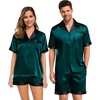 image:imageSWOMOG Couples Pajama Set Women amp Men Silk Satin Short Sleeve Set Top and Shorts Sleepwear Soft ButtonDown LoungewearDeep Green