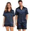 image:imageSWOMOG Couples Pajama Set Women amp Men Silk Satin Short Sleeve Set Top and Shorts Sleepwear Soft ButtonDown LoungewearDeep Grey