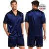 image:imageSWOMOG Couples Pajama Set Women amp Men Silk Satin Short Sleeve Set Top and Shorts Sleepwear Soft ButtonDown LoungewearDeep Navy Blue