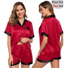 image:imageSWOMOG Couples Pajama Set Women amp Men Silk Satin Short Sleeve Set Top and Shorts Sleepwear Soft ButtonDown LoungewearRed