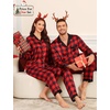 image:imageSWOMOG Couples Pajama Sets Men amp Women Satin Long Sleeve Sleepwear Silky Classic Button Down Soft Loungewear Pjs SetRed Black Plaid