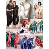image:imageSWOMOG Couples Pajamas Sets Women amp Men Satin Short Sleeve Sleepwear Button Down Loungewear Pjs Sets with Long PantsBlack