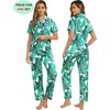 image:imageSWOMOG Couples Pajamas Sets Women amp Men Satin Short Sleeve Sleepwear Button Down Loungewear Pjs Sets with Long PantsWhite Leaves