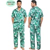 image:imageSWOMOG Couples Pajamas Sets Women amp Men Satin Short Sleeve Sleepwear Button Down Loungewear Pjs Sets with Long PantsWhite Leaves
