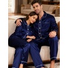 image:imageSWOMOG Couples Satin Pajamas Set 2PCS Pjs Sets Long Sleeve amp Pants Sleepwear Button Down Loungewear with Pocket Women Z  Double Piping  Deep Navy Blue Small