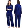 image:imageSWOMOG Couples Satin Pajamas Set 2PCS Pjs Sets Long Sleeve amp Pants Sleepwear Button Down Loungewear with Pocket Women Z  Double Piping  Deep Navy Blue XLarge