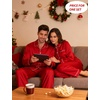 image:imageSWOMOG Couples Satin Pajamas Set 2PCS Pjs Sets Long Sleeve amp Pants Sleepwear Button Down Loungewear with Pocket Women Z  Double Piping  Scarlet Red Small